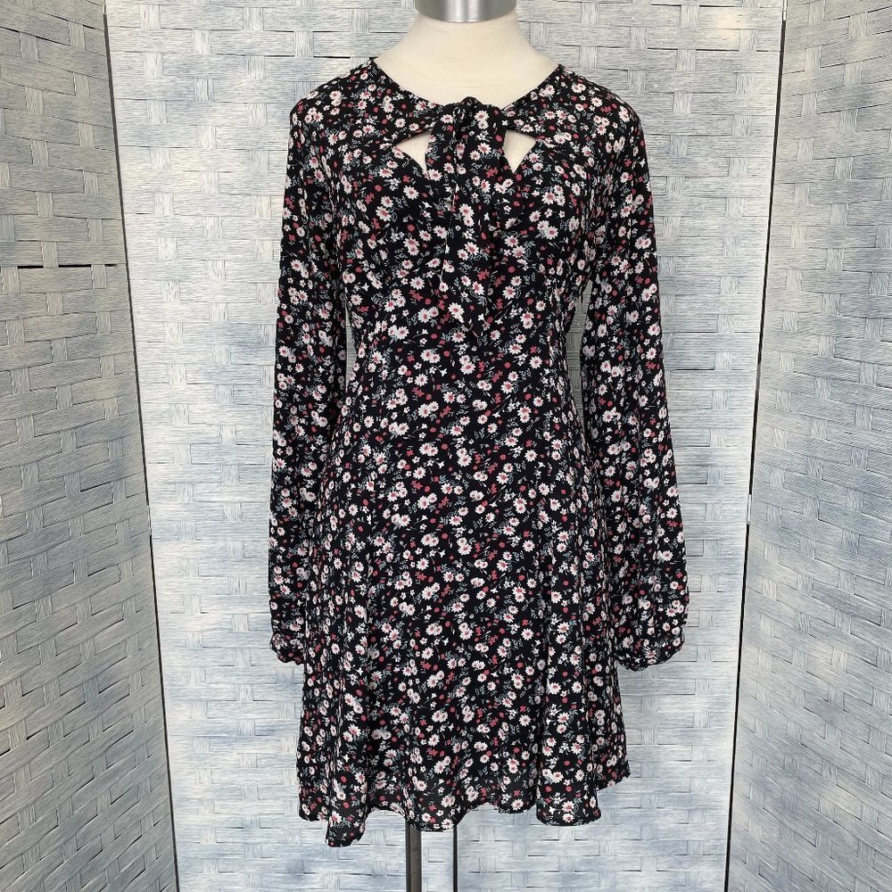 Flying Tomato Mini Dress M Black Floral Cutout Tie Neck Long Sleeve